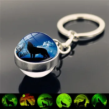 

WG 1pc Howling Wolf Moon Light Luminous keychain Cabochon Glass Double-sided Glass Ball Pendant key ring