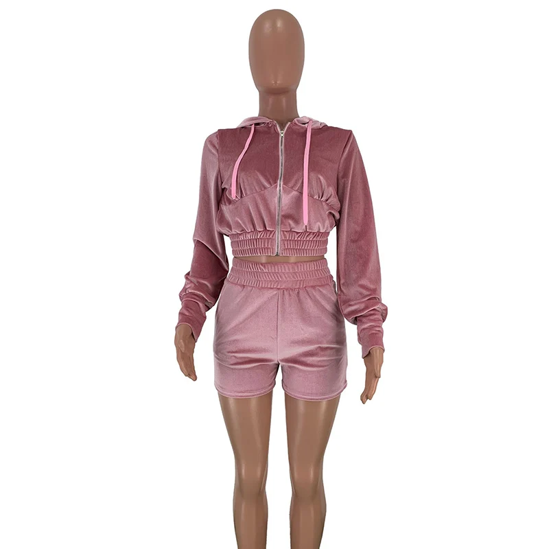Casual Women Velvet Hooded Two Piece Set Long Sleeve Coat + Pants Solid Color Sportwear Summer Clothes For Women