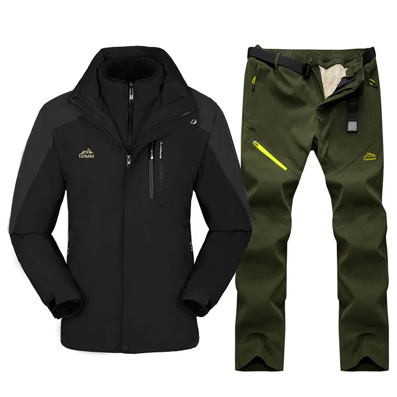 Зимний лыжный костюм для мужчин, лыжные куртки и штаны, уличные термо-водонепроницаемые ветрозащитные лыжные и сноубордические куртки, комплекты - Цвет: Black      Army