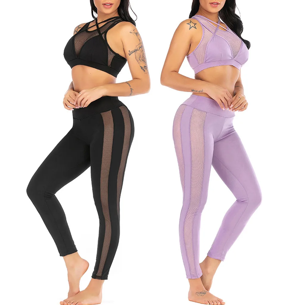 

Fashion Gym Yoga Set Womens Perspective Yoga Vest Sport Fitness Set Elastic Tops+Pants jogging Suits survetement femme sport