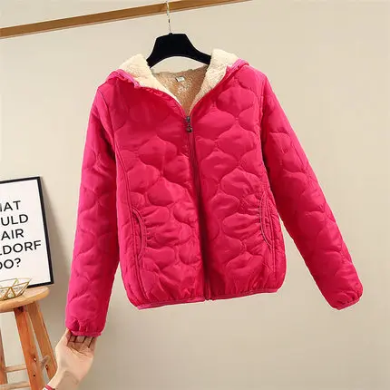 Зимняя женская куртка с капюшоном из овечьего меха теплая бархатная Толстая короткая женская куртка повседневная хлопковая Базовая куртка плюс размер верх от куртки-парки 3XL - Цвет: rose Red