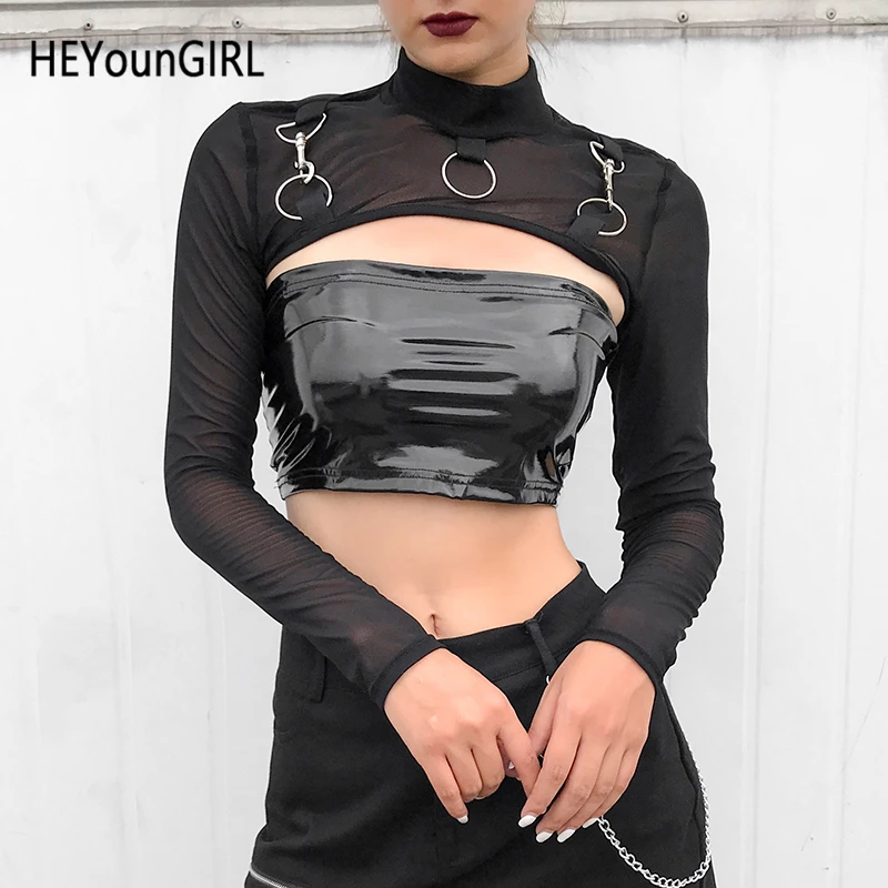 HEYounGIRL Harajuku черная сетчатая укороченная футболка женская панк готическая Сексуальная женская футболка футболки Прозрачная Футболка с длинным рукавом