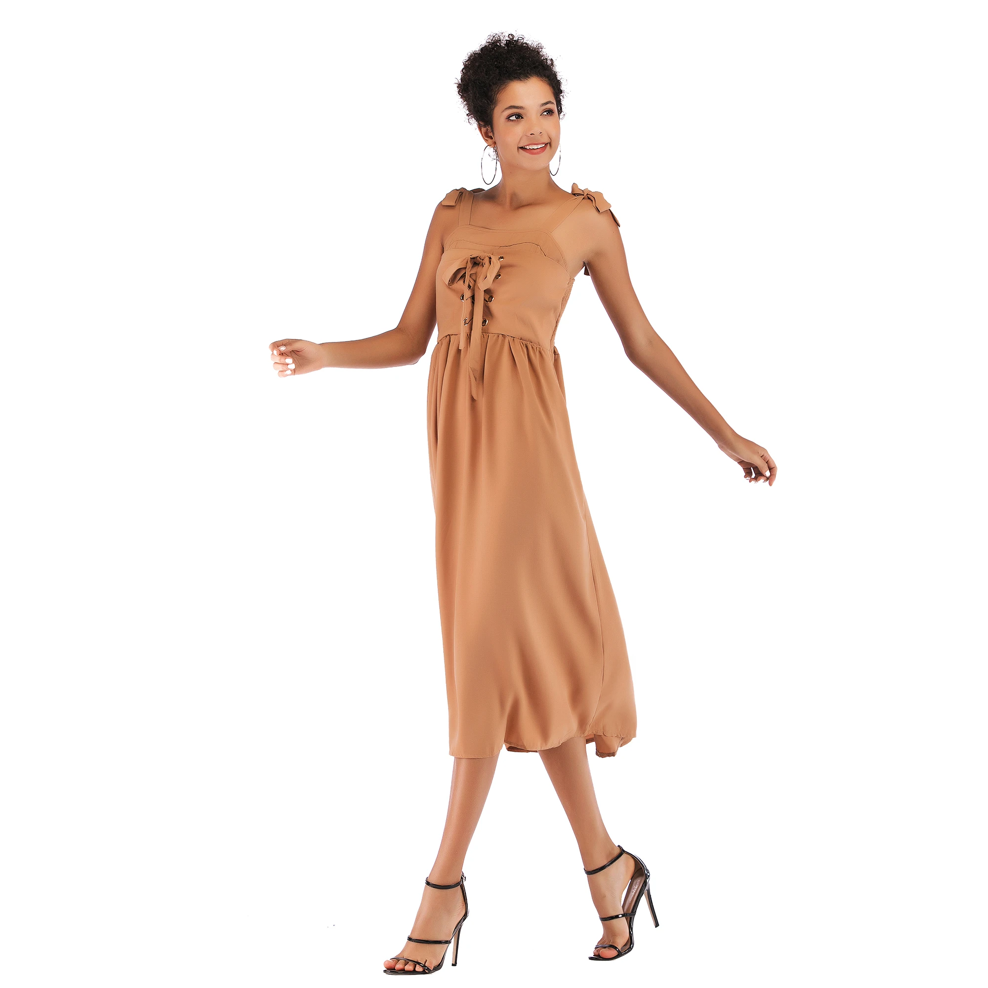 

2020 dress women's fashion sexy spring and summer models hanging neck dress lace ruffled pleated back zipper dress