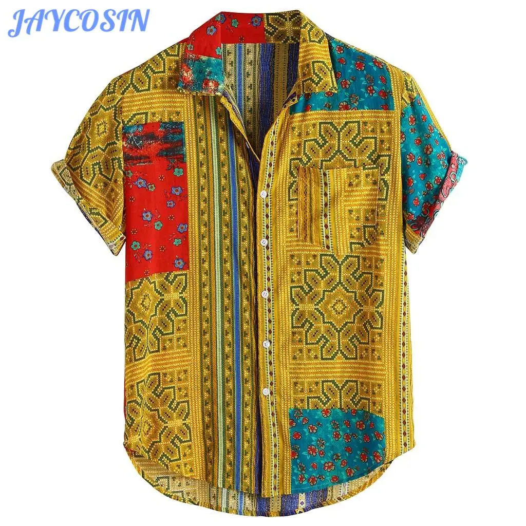

JAYCOSIN 2019 Men Clothes Ethnic Style Print Shirt Men Vintage Casual Plus Size Short Sleeve Loose Pullover Blouse Summer 722