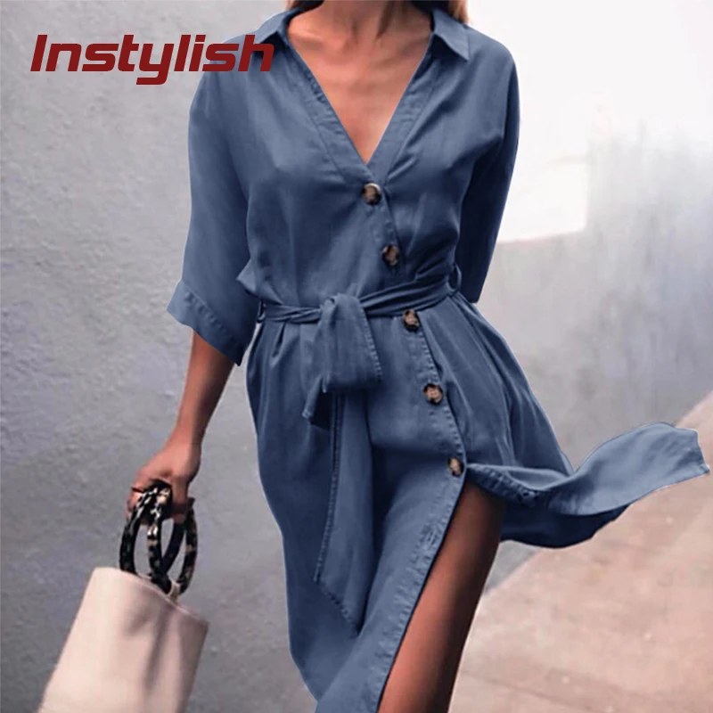 

Women Thin Denim Dress Summer Half Sleeve V Neck Shirt Mini Dress Causal Irregular Button Jean Dresses Vintage Loose Dress