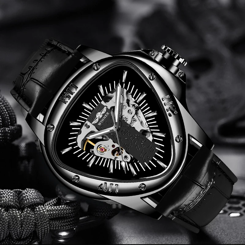 Winner полностью черные уникальный треугольный циферблат дизайн светящиеся ручные спортивные часы мужские механические Автоматические часы Лидирующий бренд роскошные часы