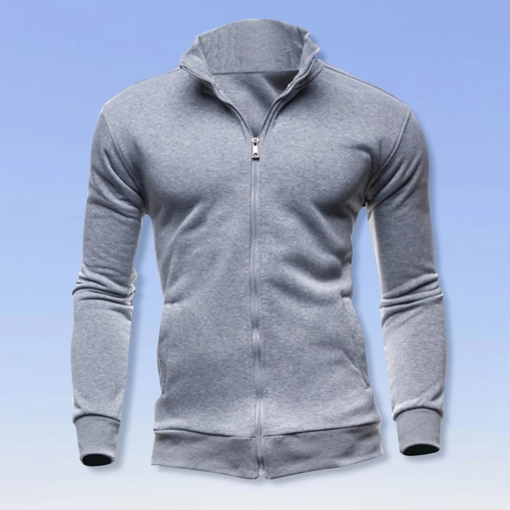 Men Autumn Long-Sleeves Stand Collar Cardigan Zipper solid color Sports Sweatershirt Coat