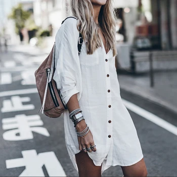 

Women Long Sleeve Blouse Women Solid V-neck Button Turn Down Collar Summer Blouse Fashion Casual Loose Long Shirts Top