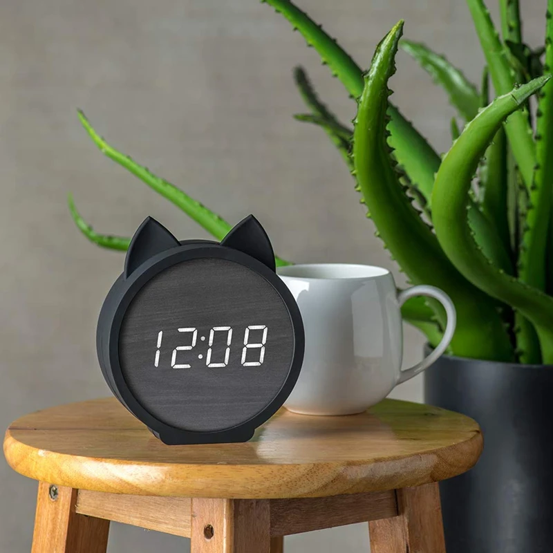 

Digital Alarm Clock,Alarm Settings Wooden Electronic Led Display Snooze Time Temperature Usb Charging With Voice Control For B