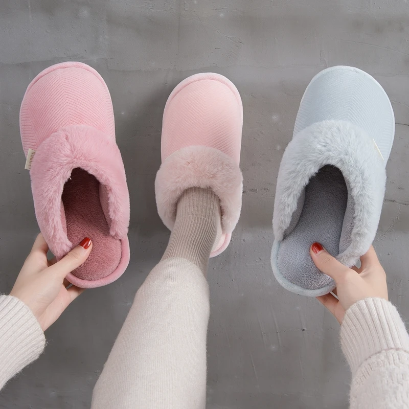 Puimentiua Women Winter Warm Indoor Slippers Women's Solid Soft Plush Flip Flops Home Shoes Cotton Home Slippers Couples