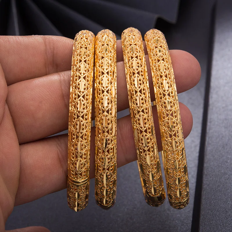 

Wando 4Pcs/lot Top Quality Dubai Gold Color Bangles For Women Vintage Bride Wedding Bracelet Bangles Africa Arab Jewelry