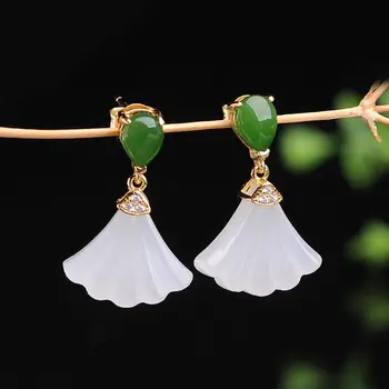 

Silver inlaid natural Hetian white jade fan Earrings Chinese style retro fresh FAIRY CHARM Christmas Halloween Gift