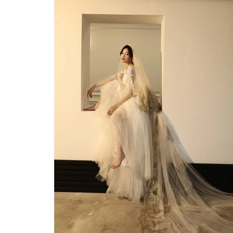 Gold Lace Edge Luxury Cathedral Wedding Veil Hot Sale Wedding Accessories Long Bridal Veils Velos De Novia 3m Width 3.5m Lengh - Цвет: Шампанское