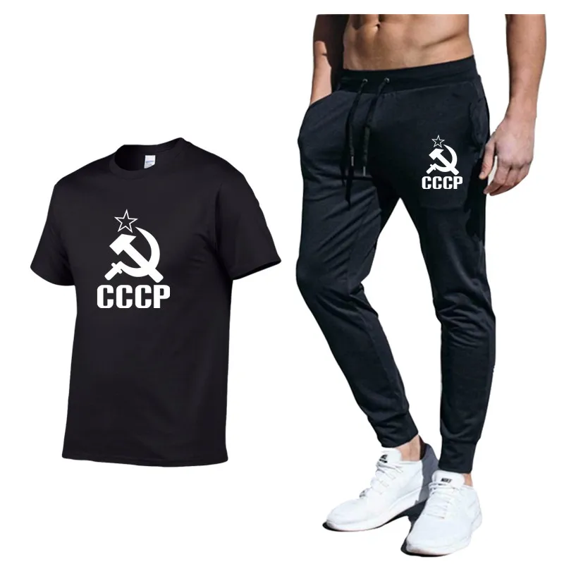

CCCP Russian New Brand Clothing High Quality Sets Mens 2 Piece Outfit Set Cotton Men Tracksuits Pants Sports Summer Track suit