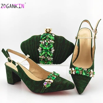 

2020 Super African Shoes With Matching Bags Set Italian Women's Party Shoes and Bag Sets in Heels Green Color Women Sandals