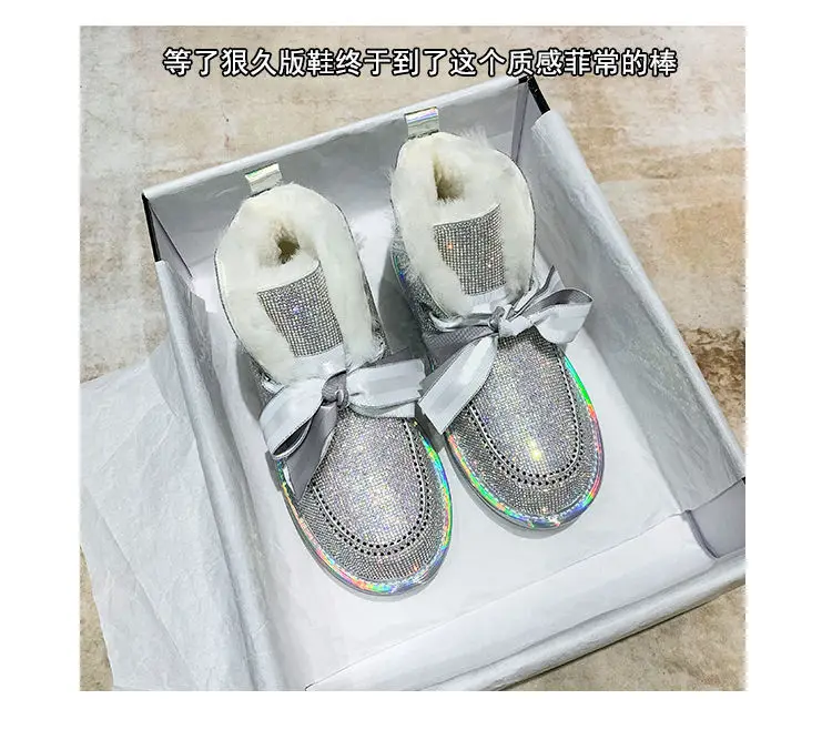 Новая мода стразы сапоги с мехом; большие размеры зимние ботинки Rhinestone женские нескользящие Короткие полусапожки туфли из хлопка женские с бархатом