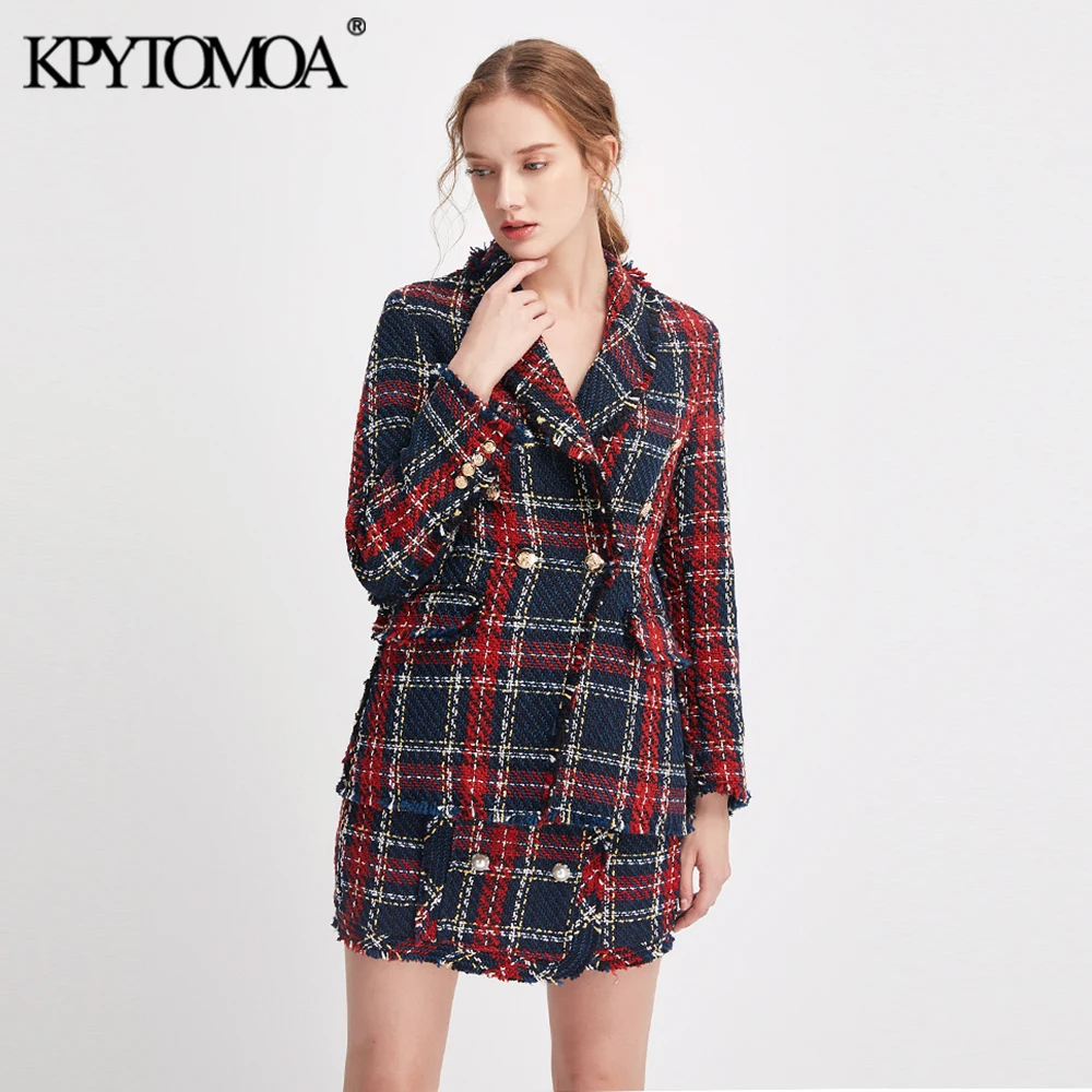 Economici Vintage Doppio Petto Tasche Sfilacciato Controllato Tweed Giacche Cappotto Delle Donne 2019 di Modo del Plaid Delle Signore Della Tuta Sportiva casual Casaco Femme