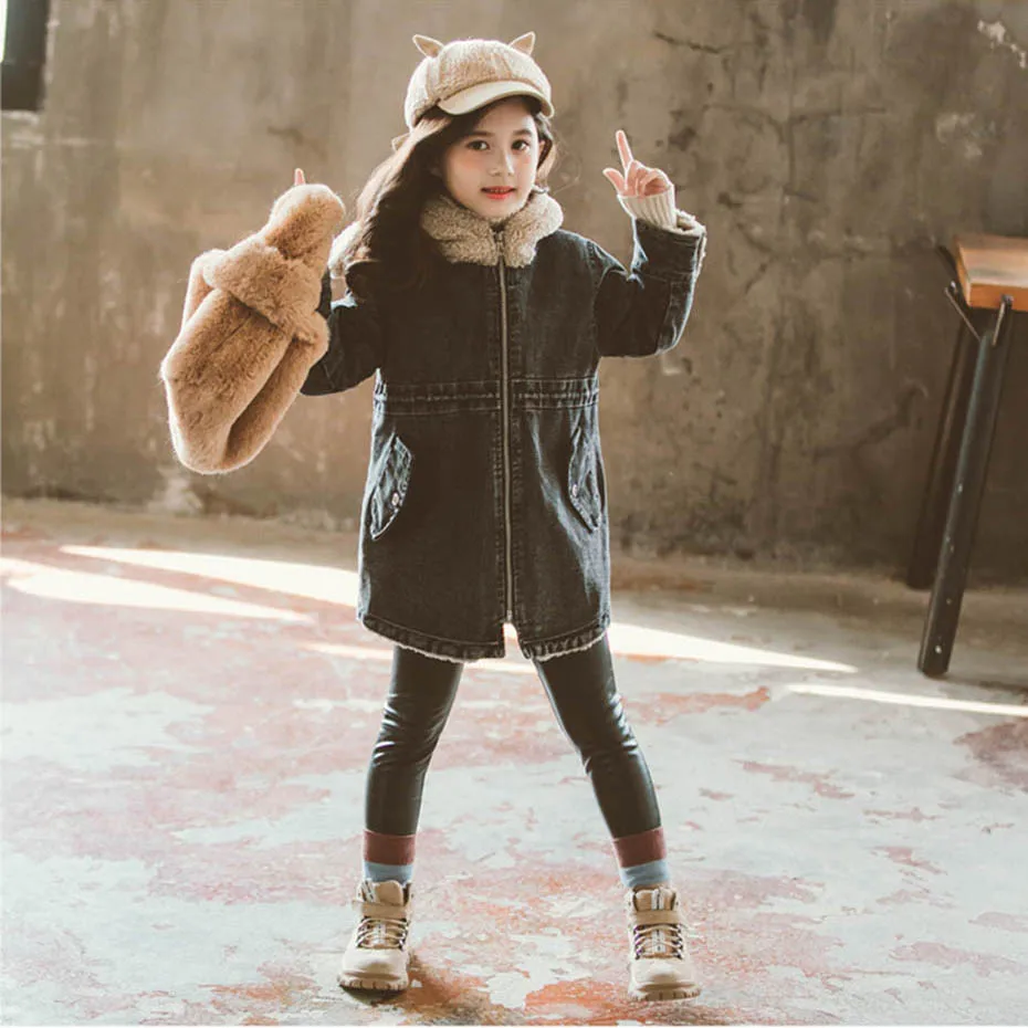 Kids Jacket Thick Plus Velvet Denim Jacket For Girls Patchwork Hooded Children's Windbreakers Fashion Girls Winter Clothes Party