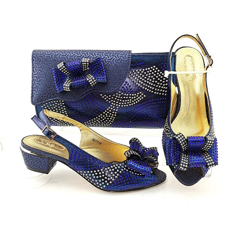 

Hot Sale D.Blue Heel 8CM Women Pumps Match Bag With Rhinestone Decoration African Shoes And Handbag Set MM1118