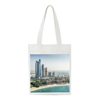 

SCCFMM Fashion Women Canvas Tote Bag Beach Skyscraper Print Shoulder Bag Reusable Handbag Female Student Canvas Shopping Bag