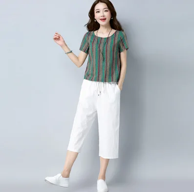 

Origional Design 2019 Summer Wear New Style Cotton Linen WOMEN'S Short-sleeved T-shirt Capri Loose Pants Fashion Casual WOMEN'S