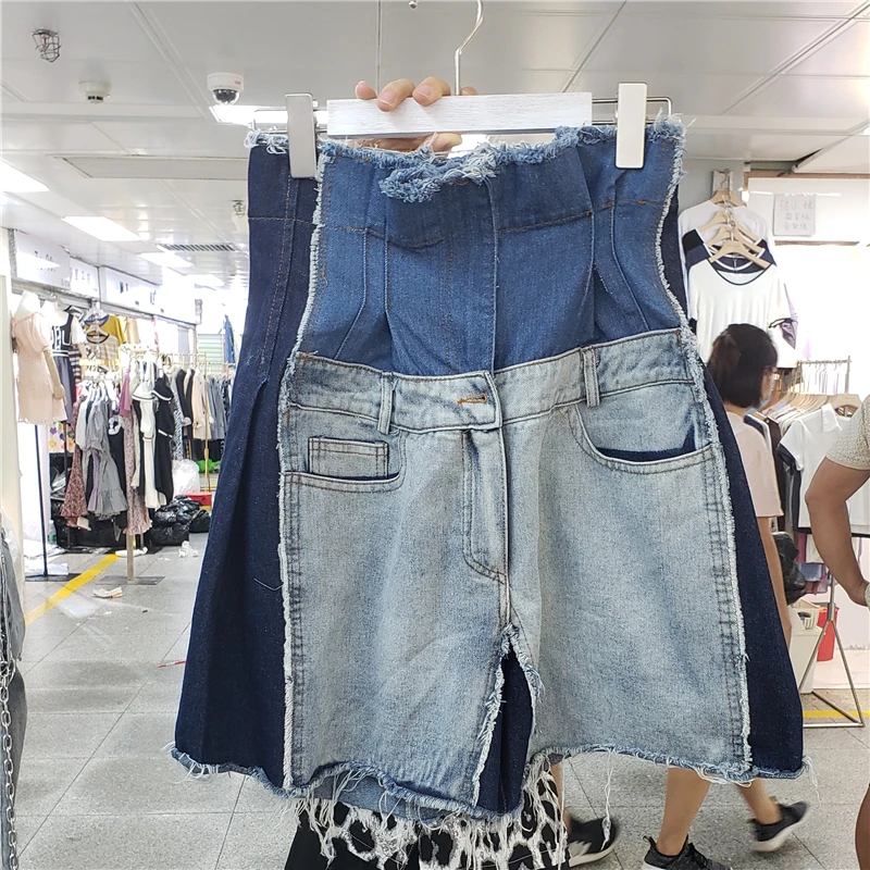 

European Street Jeans Pants Woman 2020 Summer New Cool Worn Color Matching Denim Shorts High Waist All-match Wide Leg Pants