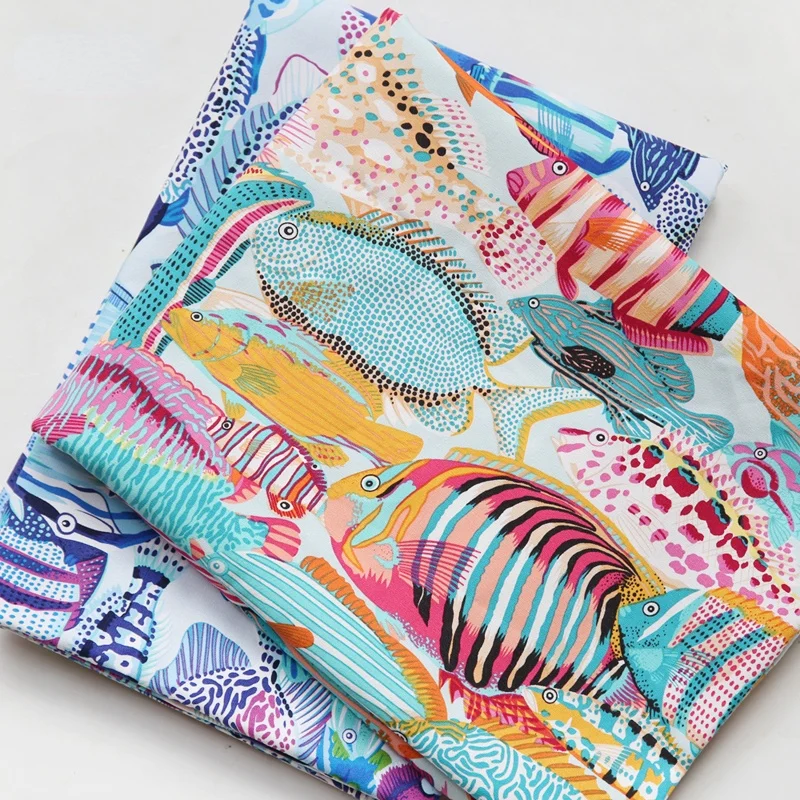 150x50cm Fish Print 100% Cotton Canvas Fabric, Making Sofa Curtain Tablecloth Bag Cloth