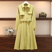 Elegant плюс размер женское элегантное платье-рубашка с длинным рукавом Осень модное однобортное женское платье миди с поясом