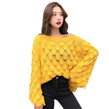 

Autumn Korean Style Women's Solid Sexy Hollow Out Sweater Loose Casual Flare Sleeves Thin Knit Pullover Hot
