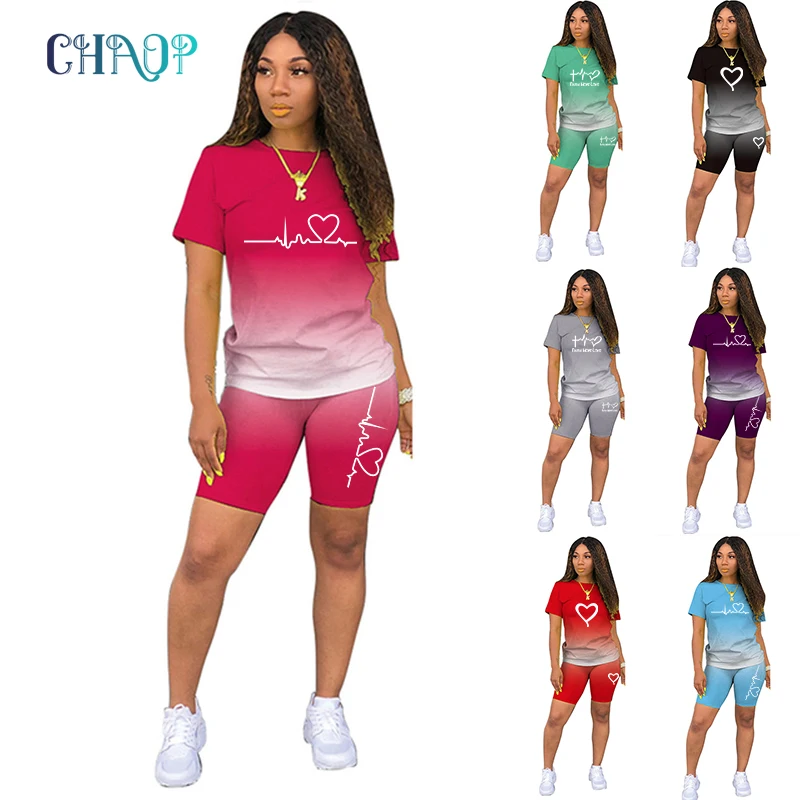 CHAOP 2024 Women Tracksuit Brand Print 2 Piece Set Short T-shirt+Biker Shorts Bodycon Sets Sportwear Female Summer Clothing