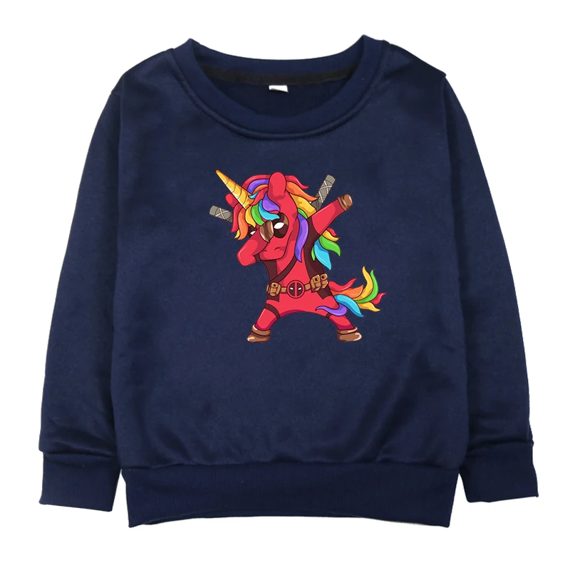 Hoodies 2 Детская одежда для маленьких девочек; осенне-зимняя толстовка с капюшоном с длинными рукавами и принтом Дэдпула и единорога; Бархатные Топы Для От 2 до 14 лет - Цвет: Hoodies 2