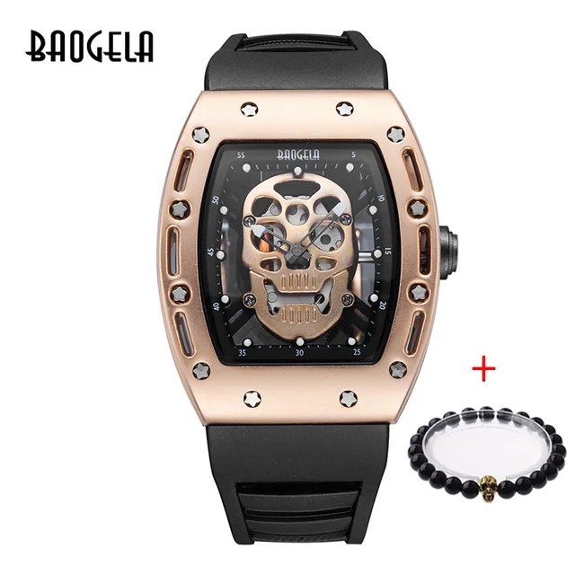 Baogela hommes mode militaire bracelet en Silicone Rectangle cadran crâne visage Sport Quartz montres BGL1612G-1 1612MM