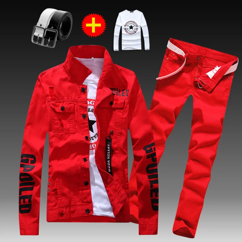 Men's Slim Fit Denim Jacket Pants 2pcs Set Long Sleeve Coats Letters Printed Casual Large Size Black White Red Boys Trousers Men's Slim Fit Denim Jacket Pants 2pcs Set Long Sleeve Coats Letters Printed Casual Large Size Black White Red Boys Trousers