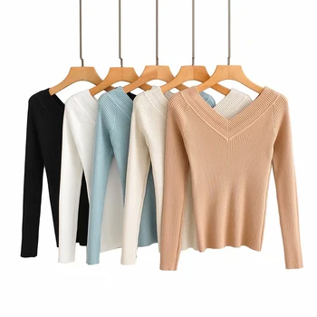 

2019 basic v-neck solid autumn winter Sweater Pullover Women Female Knitted sweater slim long sleeve badycon sweater