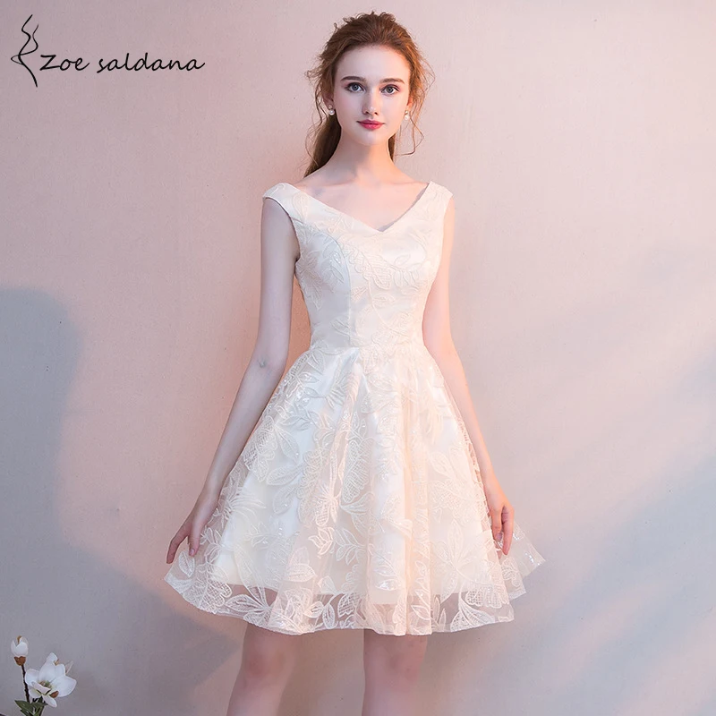 

Zoe Saldana Party Mini Dresses Bridesmaid v-neck sleeveless elegant Wedding Banquet Dress Short Prom Gowns Robe De Soiree