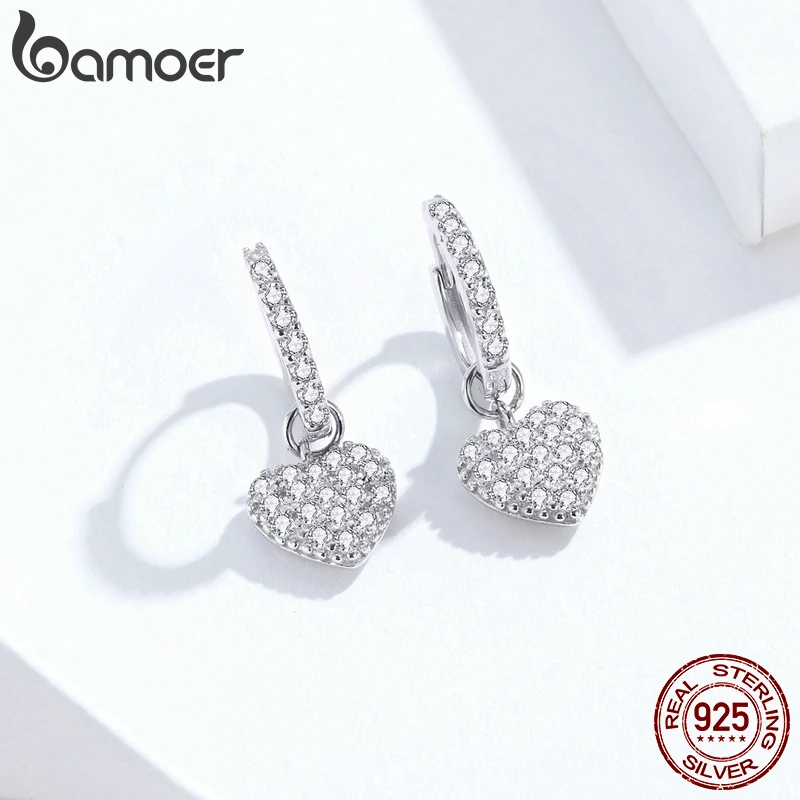 bamoer 925 Sterling Silver Heart Dangle Earrings for Women Radiant Dazzling CZ Paved Wedding Party Jewelry 2020 Brincos SCE821