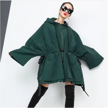 

2019 New Fashion Oversize Hooded Full Sleeve Bawting Type Big Size Jacket Female's Zipper Pockets Coat Vestido
