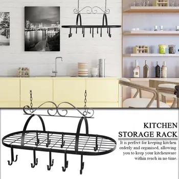 

Kitchen Gadgets Black Color Metal Hanging Pan Pot Rack with 10 Hooks Home Kitchen Storage Organizer Kitchen Gadget Kitchen