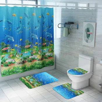 

4Pcs/Set Sea Star Ocean 3D Printing Shower Curtain Carpet Home Bathroom Waterproof Toilet Seat Set Bath Partition Curtain
