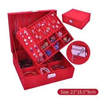 

Velvet Jewelry Box Double-layer Earring Rings Necklace Bracelet Watch Display Case with Lock Exquisite Jewelry Storage Box