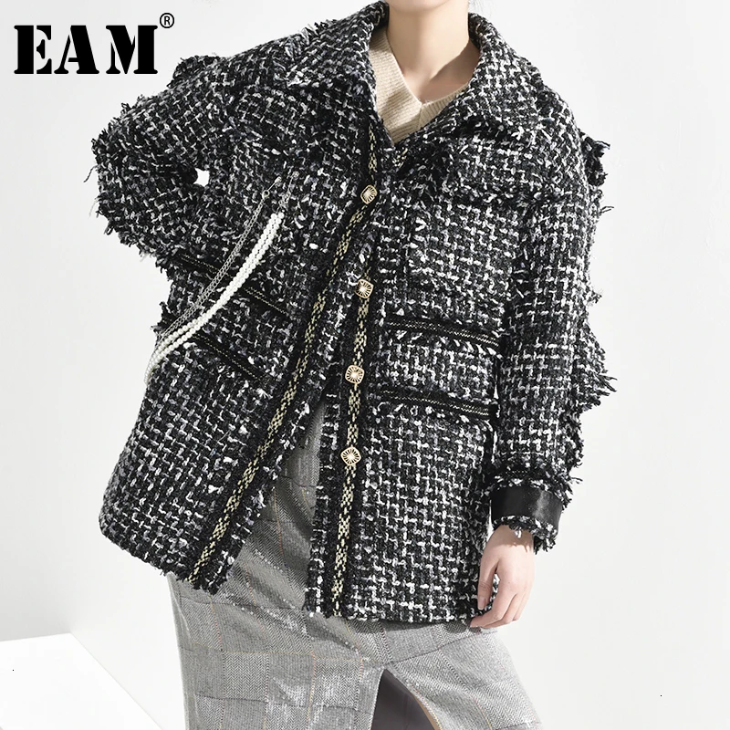 [EAM] Свободная черная клетчатая короткая твидовая куртка с разрезом, новинка, Женское пальто с отворотом и длинным рукавом, модное весеннее, A738