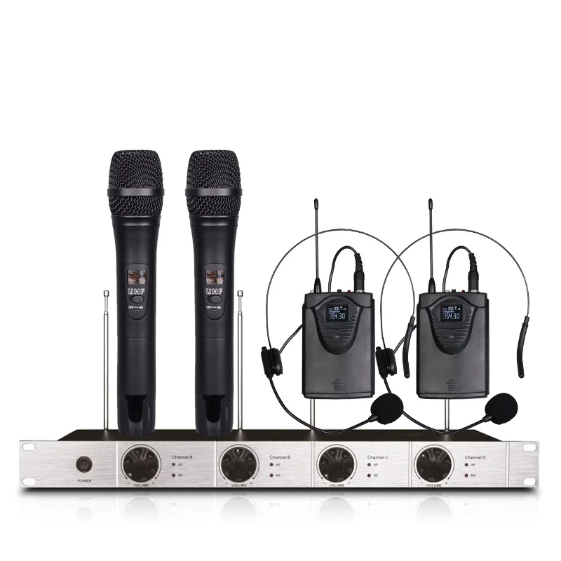 

Professional wireless VHF microphone system 2 head-mounted microphones 2 handheld microphones stage microphone wireless