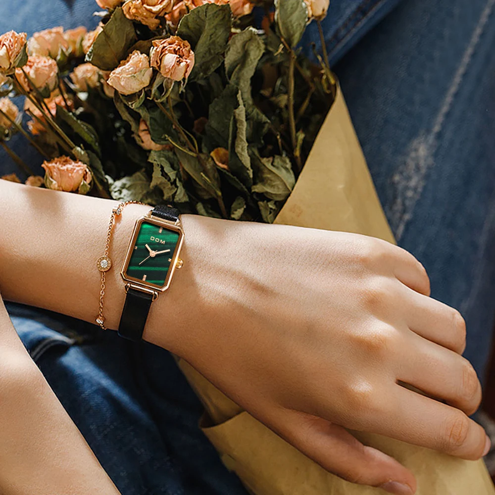 DOM Ladies Watch Small Green Disk Fashion Luxury Trend Casual Waterproof Swimming Leather Women's Watch G-1337