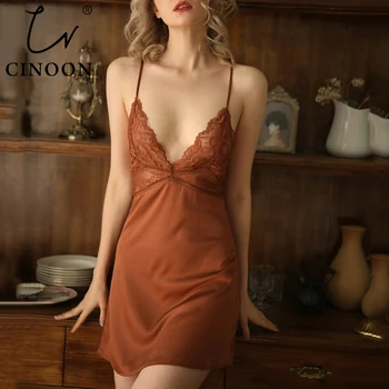 

CINOON New Summer Ladies Silk Sling Nightdress Women's Sexy Lingerie Satin Sleepwear Lace Cup V-neck Nightwear Homewear M-XXL