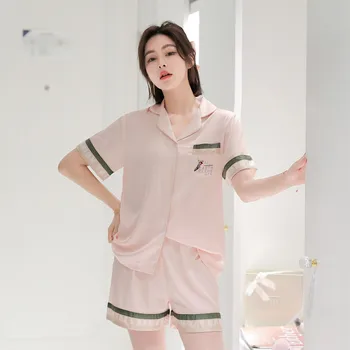 

Pink Satin Pajamas Sets Summer New 2PCS Sleepwear Women Short Sleeve Pyjamas Suit Casual Shirt&Shorts Female Sleep Set