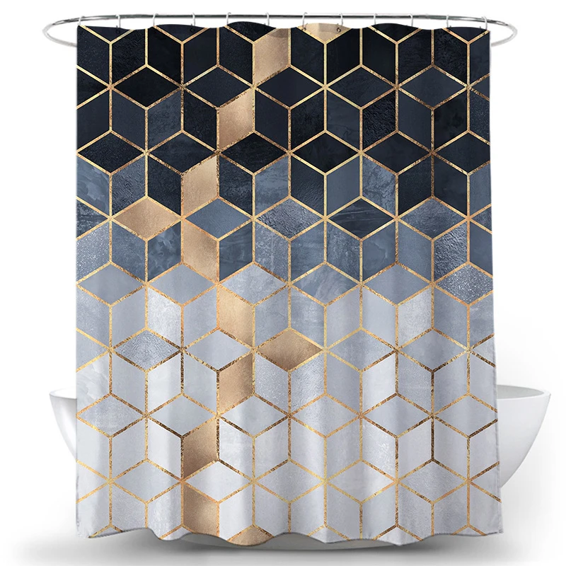 Geometric Printed Shower Curtain With Hooks 3d Marble Pattern Bathroom