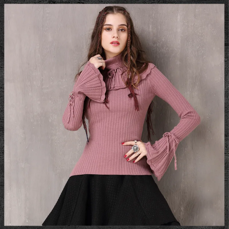 Lilac purple MEVGOHOT новые женские свитера с длинными расклешенными рукавами винтажные полосатые трикотажные рубашки женские осенне-зимние хлопковые топы HJ069 - Цвет: Lilac purple