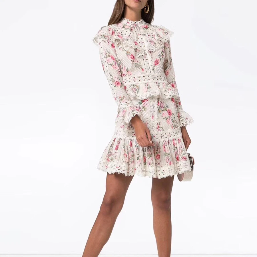 

2019 Autumn Floral Print Draped Lace Ruffles 2 Piece Set Women Turtleneck Flare Sleeve Top Mini Cake Skirt 2 Pieces Outfits Set