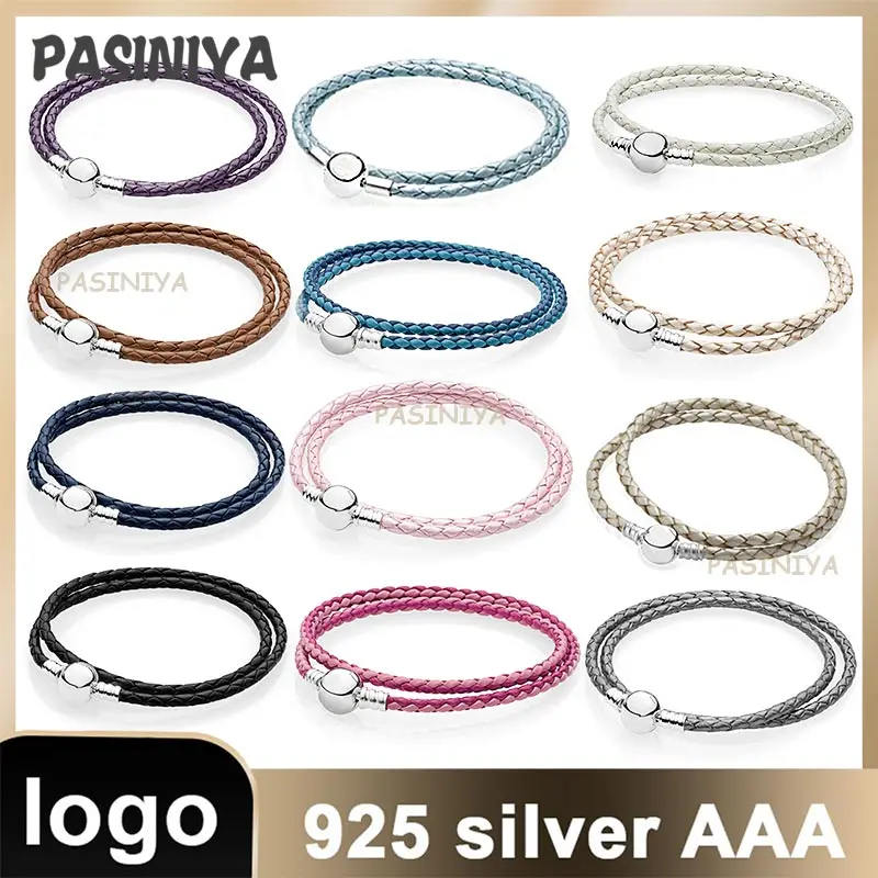 

13 Sterling Silver Beads Double Braid Leather Bracelet With Logo Simple Temperament Bracelet Girls Party Holiday Exquisite Gifts