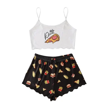 

Women's Sexy 2pcs Set Spaghetti Strap Pizza Print Crop Cami Top + Shorts Set Loungewear Summer Nightwear Sleepwear Pajama Sets